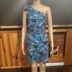 French Connection One-Shoulder Floral Dress in Blue and Purple 100% Silk